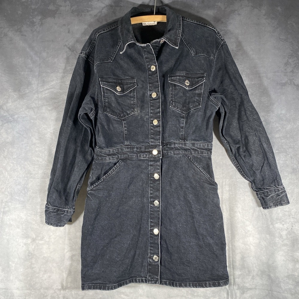 ZARA Denim Long Sleeve Button Up Jean Mini Dress Sz L Blue Dark Wash w/ Pockets